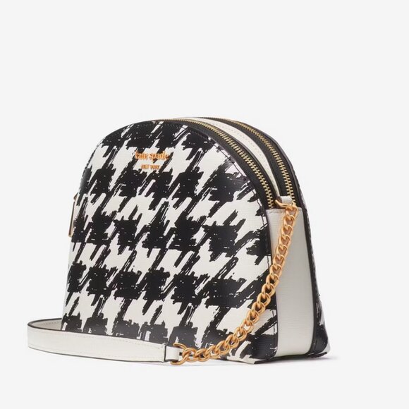 Kate Spade Morgan Painterly Houndstooth Double Zip Dome Crossbody - Black White - Picture 4 of 7